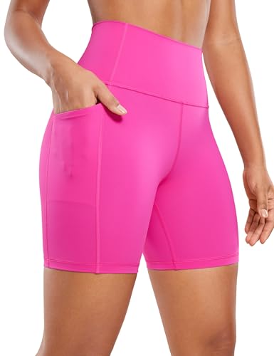 CRZ YOGA Naked Feeling Damen Radlerhose mit Taschen Hohe Taille Yoga Shorts Kurze Sporthose Sport Leggings Sportshorts - 15cm Hibiskus-Purpur 42 von CRZ YOGA