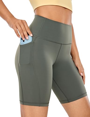 CRZ YOGA Naked Feeling Damen Radlerhose mit Taschen Hohe Taille Yoga Shorts Kurze Sporthose Sport Leggings Sportshorts - 20cm Grauer Salbei 40 von CRZ YOGA