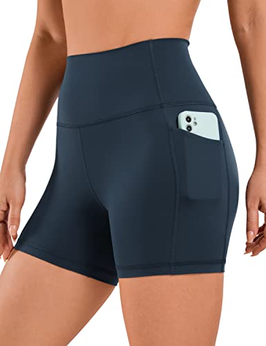 CRZ YOGA Naked Feeling Damen Radlerhose mit Taschen Hohe Taille Yoga Shorts Kurze Sporthose Sport Leggings Sportshorts - 10cm Echte Marine 44 von CRZ YOGA