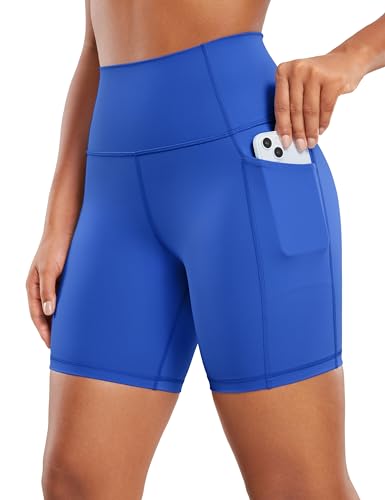 CRZ YOGA Naked Feeling Damen Radlerhose mit Taschen Hohe Taille Yoga Shorts Kurze Sporthose Sport Leggings Sportshorts - 15cm Wellen Blau 38 von CRZ YOGA