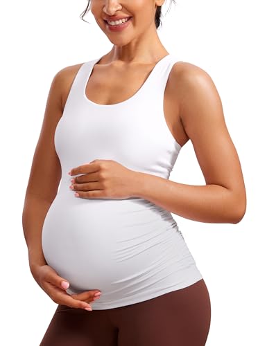 CRZ YOGA Damen Butterluxe Umstandsmode Tops Umstandstop Racerback Tanktops Ärmelloses Umstands T-Shirt Camisole mit Integriertem BH Weiss 42 von CRZ YOGA