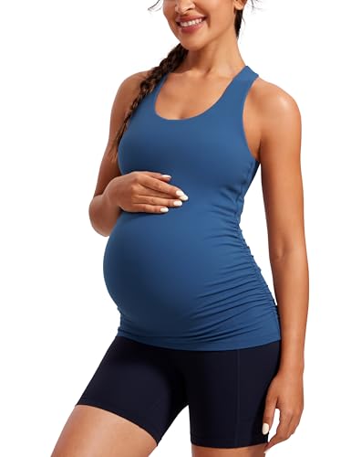CRZ YOGA Damen Butterluxe Umstandsmode Tops Umstandstop Racerback Tanktops Ärmelloses Umstands T-Shirt Camisole mit Integriertem BH Pechblau 36 von CRZ YOGA