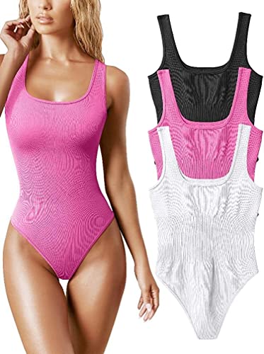 Ärmelloses, Geripptes Body-Set mit quadratischem Ausschnitt for Damen – 3-teilige sexy Tank-Top-Bodys (Color : Black Rose White, Size : M) von CSBL