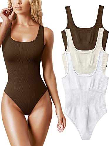 Ärmelloses, Geripptes Body-Set mit quadratischem Ausschnitt for Damen – 3-teilige sexy Tank-Top-Bodys (Color : Coffee Beige White, Size : S) von CSBL