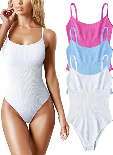 Sexy, Geripptes, ärmelloses Shapewear-Body-Set for Damen – 3-teiliges, verstellbares Oberteil mit Spaghettiträgern (Color : Rose Candyblue White, Size : L) von CSBL