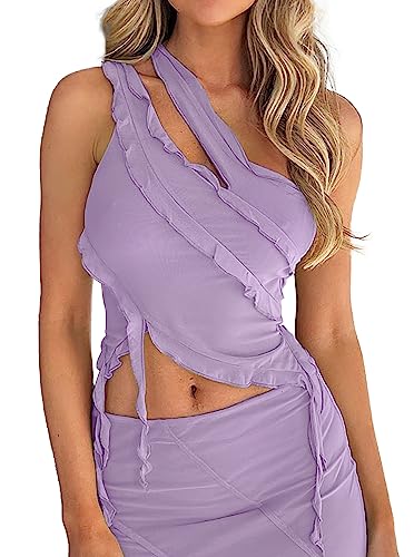 CSDAJIO Damen One Shoulder Cut Out Crop Tops Ärmellos Mesh Rüschen Tank Top Shirt, Violett, X-Klein von CSDAJIO