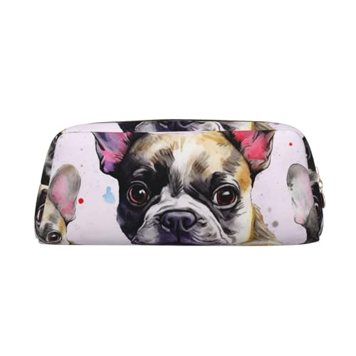 CSGJMYGS Federmäppchen aus Leder, Federmäppchen, französische kleine Bulldogge, großes Fassungsvermögen, Bleistift-Organizer mit Reißverschluss, tragbare Reise-Make-up-Tasche, Schreibtisch-Organizer von CSGJMYGS