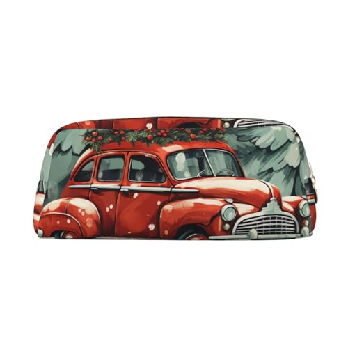 CSGJMYGS Federmäppchen aus Leder, rotes Auto, Weihnachtsbaum, Federmäppchen, großes Fassungsvermögen, Bleistift-Organizer mit Reißverschluss, tragbare Reise-Make-up-Tasche, Schreibtisch-Organizer für von CSGJMYGS