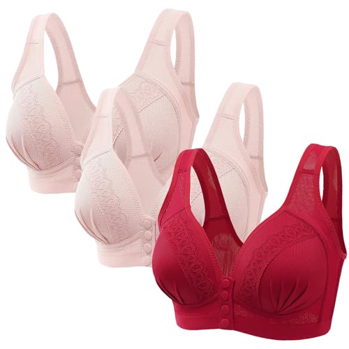 3er Pack Klassische Minimizer BH Ohne Bügel Push Up Sport BH Bequem Verschluss Vorne BH mit Breite Träger Damen Bustier mit Gepolstert Glamorise BH Rot Rosa 80B von CSHE