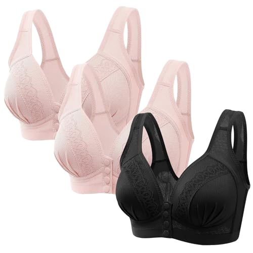 3er Pack Klassische Minimizer BH Ohne Bügel Push Up Sport BH Bequem Verschluss Vorne BH mit Breite Träger Damen Bustier mit Gepolstert Glamorise BH Schwarz Rosa 115C von CSHE