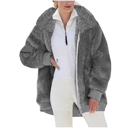 CSHE Fleecejacke Damen Warme Bequem, Winterjacke mit Taschen Revers Sweatjacke Warm Herbst Wintermantel Teddy-Fleece Jacke Reißverschluss Plüschjacke Frauen Doppelseitige Winterkleidung Fleece von CSHE