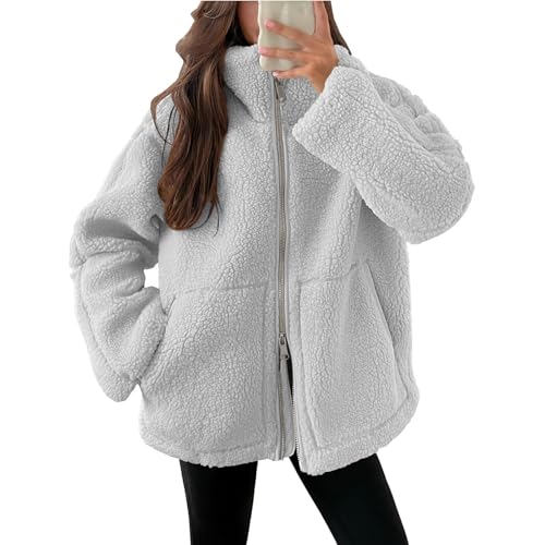 CSHE Fleecejacke Damen Winterjacke Dicke Warme Übergangsjacke Einfarbig Teddyjacke mit Taschen Reißverschluss Plüschjacke Bequem Wintermantel 2024 Neueste Wolljacke Für Frauen von CSHE