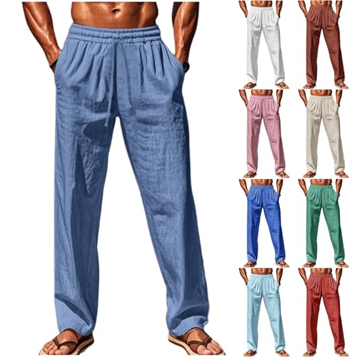 CSHE Jogginghose Herren Baumwolle Leinenhose Einfarbige Lang Leicht Freizeithose Bequeme Atmubgsaktive Sporthose Straight Leg Leinen Hose mit Taschen Elastische Taille Weite Bein Cargohose von CSHE