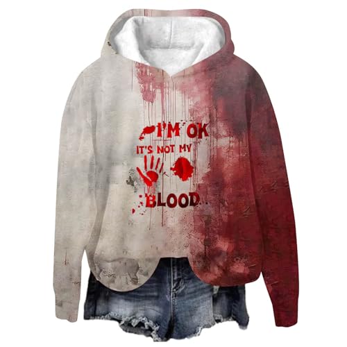 CSHE Problem Gelöst Halloween Hoodie Damen I´m Fine Print Langarmshirt Oversize Kapuzenpullover Herbst Winter Warme Pullover Bedruckt Blood Langarm Kapuzenpulli Blutspritzer Muster Oberteil von CSHE