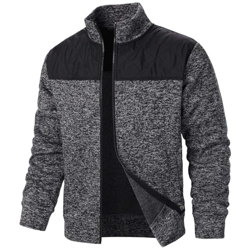 CSHE Strickjacke Herren Cardigan Langarm Winterjacke Herbst Spleißen Sportjacke mit Reißverschluss Klassisch Stehkragen Ohne Kapuze Übergangsjacke Leichte Softshelljacke Fleecejacke von CSHE