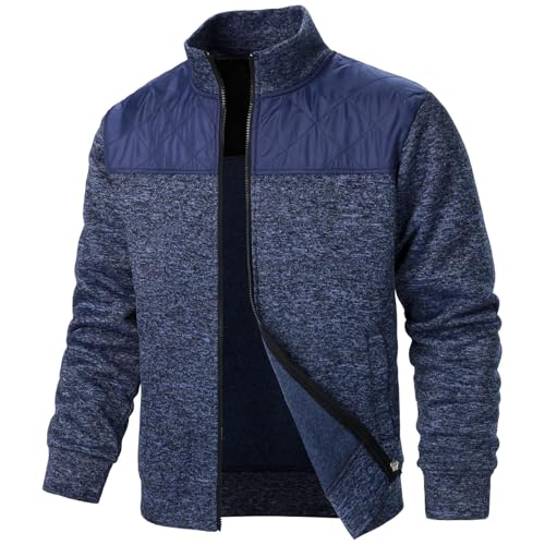 CSHE Strickjacke Herren Cardigan Langarm Winterjacke Herbst Spleißen Sportjacke mit Reißverschluss Klassisch Stehkragen Ohne Kapuze Übergangsjacke Leichte Softshelljacke Fleecejacke von CSHE