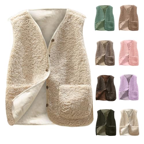 CSHE Teddyweste Damen Kurze Lässiges V-Ausschnitt Fleeceweste Einfarbig Plüschweste Knöpfe Übergangsweste Mit Taschen Lockerer Autumn Winter Weste Bequem Ärmellose Jacke Für Frauen Outdoorjacke von CSHE