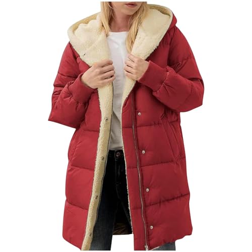 CSHE Winterjacke Damen Lang Einfarbig Baumwolljacke Kaschmir Futter Fleecejacke Plüschjacke mit Kapuze Reißverschluss Steppjacke Verdicken Wintermantel Warm Teddyjacke Langarm Plüschmantel von CSHE
