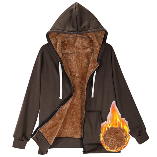 CSHE Winterjacke Damen Warm Fleecejacke Damen Lang mit Kapuze Große Größen Locker Langarmshirt Leicht Bequeme Kapuzenjacke mit Reißverschluss Mode Einfarbig Langjacke von CSHE