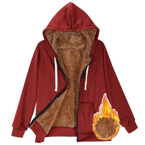 CSHE Winterjacke Damen Warm Fleecejacke Damen Lang mit Kapuze Große Größen Locker Langarmshirt Leicht Bequeme Kapuzenjacke mit Reißverschluss Mode Einfarbig Langjacke von CSHE