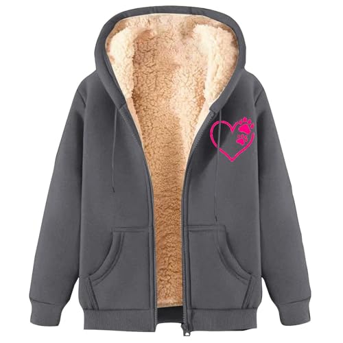 CSHE Winterjacke Damen Warm Fleecejacke Winter Sweatjacke Briefe Drucken Übergangsjacke Mit Kapuze Elegant Plüschjacke Hoodie Kapuzenpullover Wintermantel Reißverschluss Fleecepullover von CSHE