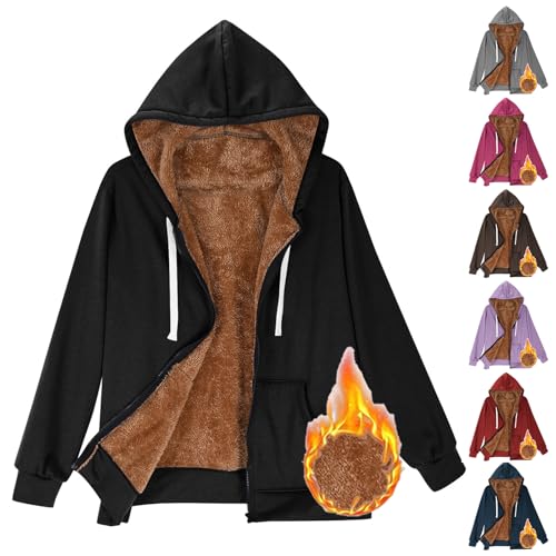 CSHE Winterjacke Damen Warm Fleecejacke Winter Sweatjacke Mit Kapuze Plüschjacke Hoodie Elegant Einfarbig Übergangsjacke Kapuzenpullover Wintermantel Mit Taschen Reißverschluss Fleecepullover von CSHE