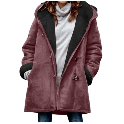 Damen Winterjacke Warme Winter Jacke Parka Mantel mit Kapuze Herstellergröße S-5XL mit Taschen Pullover Kapuzenpullover Damen Plus Size Solid Velvet Coat Long Sleeve Horn Buckle Pocket Overcoat von CSHE