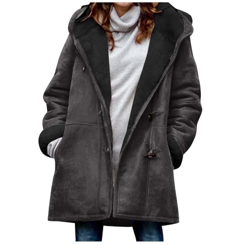 Damen Winterjacke Warme Winter Jacke Parka Mantel mit Kapuze Wintermäntel mit Taschen Pullover Kapuzenpullover Damen Plus Size Solid Velvet Coat Long Sleeve Horn Buckle Pocket Overcoat S-5XL von CSHE