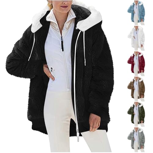 Fleecejacke Damen Warm Revers Plüschjacke Casual Einfarbig Wintermantel Langarm Reißverschluss Fleece Jacke Frauen Teddyfleece Winterjacke Damenjacken mit Taschen von CSHE