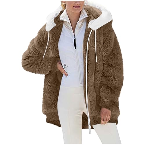 Fleecejacke Damen Warm Revers Plüschjacke Casual Einfarbig Wintermantel Langarm Reißverschluss Fleece Jacke Frauen Teddyfleece Winterjacke Damenjacken mit Taschen von CSHE
