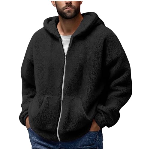 Fleecejacke Herren Casual Einfarbig Kapuzenjacke Langarm Reißverschluss Winterjacke Doppelseitige Teddyfleece Jacke Herbst und Winter Outfits für Männer von CSHE