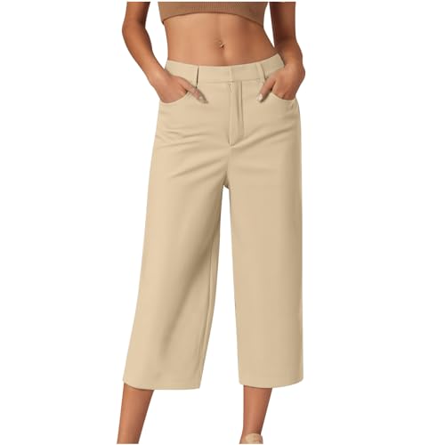 Hose Damen 3/4 Sommer Casual Anzug Hosen Loose Einfarbig Freizeit Hose Comfy Leichte Freizeithose Gerades Bein Anzughose High Waist Caprihose von CSHE