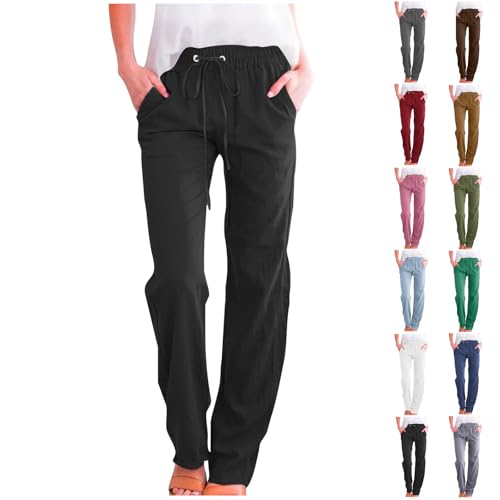 Hose Damen Casual Einfarbig Leinenhose Baumwolle Leinen Stoffhose Sommerhose Leicht Sommer Freizeithose Locker Bequeme Straight Leg Hose mit Kordelzug S-5XL von CSHE