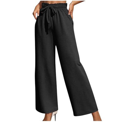 Hose Damen Lang Elegant Palazzo Hosen Casual Einfarbige Sporthose High Waist Freizeithose mit Tasche Bandage Elastische Taille Stoffhose Frauen Weite Bein Pants von CSHE