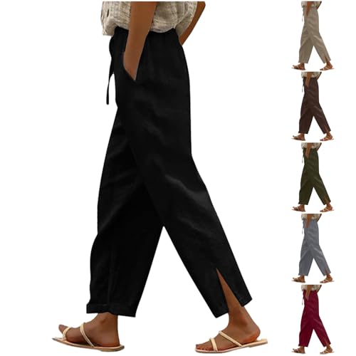 Hose Damen Sommer Casual Leinenhose Einfarbig Leinen Hosen Baumwolle Freizeithose Weites Bein Cargohose mit Kordelzug Freizeit Hosen für Frauen von CSHE
