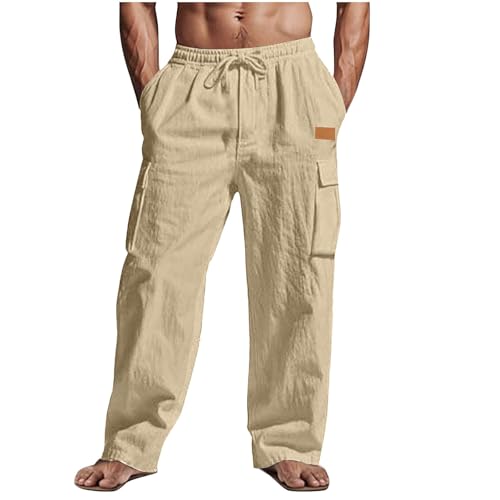 Jogginghose Herren Sommer Herbst Loose Leinenhose Einfarbige Lang Leicht Freizeithose Bequeme Atmubgsaktive Sporthose Straight Leg Leinen Hose mit Taschen Elastischer Weite Bein Cargohose von CSHE