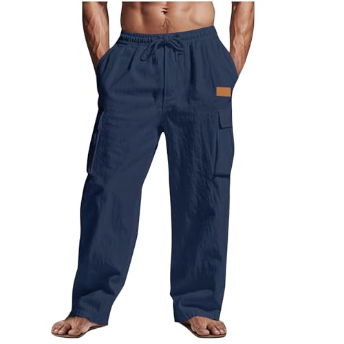 Jogginghose Herren Sommer Herbst Loose Leinenhose Einfarbige Lang Leicht Freizeithose Bequeme Atmubgsaktive Sporthose Straight Leg Leinen Hose mit Taschen Elastischer Weite Bein Cargohose von CSHE