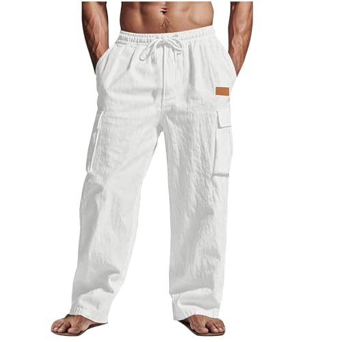 Jogginghose Herren Sommer Herbst Loose Leinenhose Einfarbige Lang Leicht Freizeithose Bequeme Atmubgsaktive Sporthose Straight Leg Leinen Hose mit Taschen Elastischer Weite Bein Cargohose von CSHE