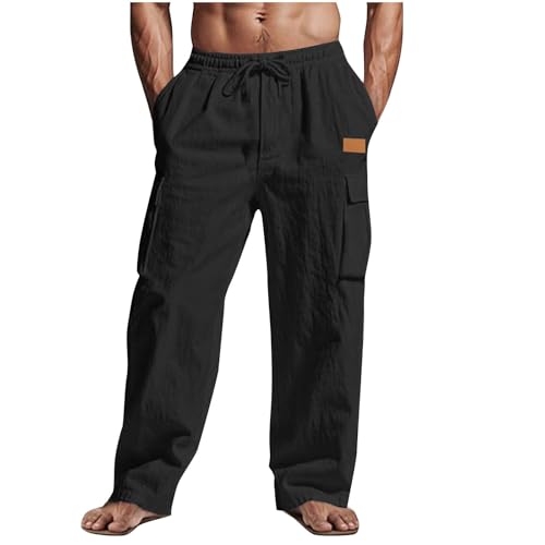 Jogginghose Herren Sommer Herbst Loose Leinenhose Einfarbige Lang Leicht Freizeithose Bequeme Atmubgsaktive Sporthose Straight Leg Leinen Hose mit Taschen Elastischer Weite Bein Cargohose von CSHE