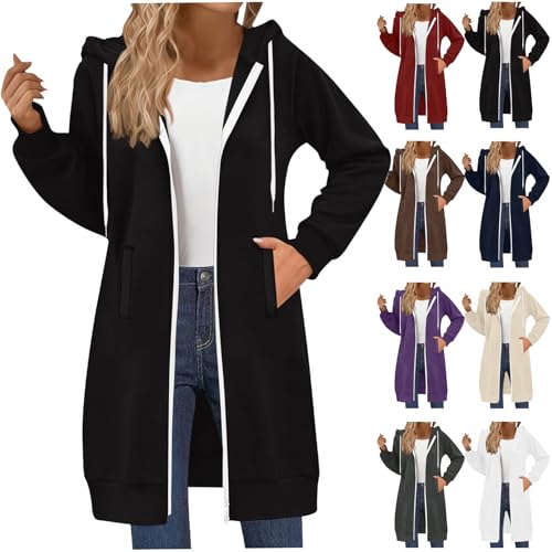 Kapuzenjacke Damen Casual Einfarbige Hoodie Lang Elegant Sweatshirt mit Kapuze Oversized Sweatjacke Reißverschluss Kapuzenpullover Langarm Herbst Winter Übergangsjacke Warm Damenjacken von CSHE