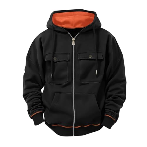 Kapuzenjacke Herren Casual Einfarbige Kapuzenpullover Langarm Reißverschluss Hoodie Jacke Herbst und Winter Oberteile Zip Strickjacke mit Multi Tasche Kordelzug Freizeitjacke für Männer von CSHE
