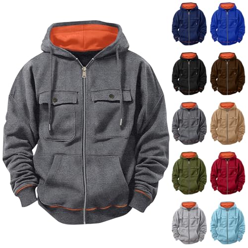 Kapuzenjacke Herren Casual Einfarbige Kapuzenpullover Langarm Reißverschluss Hoodie Jacke Herbst und Winter Oberteile Zip Strickjacke mit Multi Tasche Kordelzug Freizeitjacke für Männer von CSHE