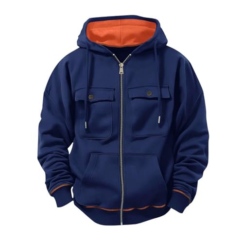 Kapuzenjacke Herren Casual Einfarbige Kapuzenpullover Langarm Reißverschluss Hoodie Jacke Herbst und Winter Oberteile Zip Strickjacke mit Multi Tasche Kordelzug Freizeitjacke für Männer von CSHE