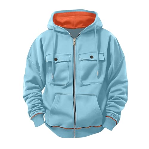 Kapuzenjacke Herren Casual Einfarbige Kapuzenpullover Langarm Reißverschluss Hoodie Jacke Herbst und Winter Oberteile Zip Strickjacke mit Multi Tasche Kordelzug Freizeitjacke für Männer von CSHE