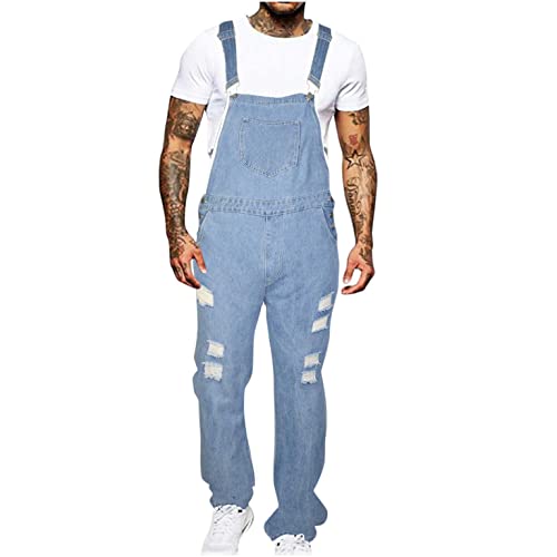 Latzhose Herren Lang Vintage Jeans Overall Retro Denim Arbeitslatzhose Baumwolle Jeanshose Jumpsuit Destroyed Ripped Multifunktion Hose mit Taschen Sporthose Casual Lose Cargohose von CSHE