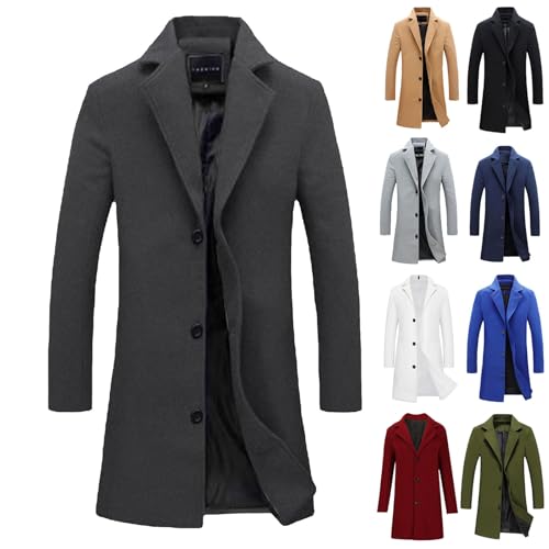 Mantel Herren Lange Herbst Wollmantel Casual Trenchcoat Einfarbig Winterjacke Thermo Einreihig Wintermantel Business Große Größen Jacke Woll Freizeit Herren-Mäntel Stehkragen Übergangsmantel M-5XL von CSHE