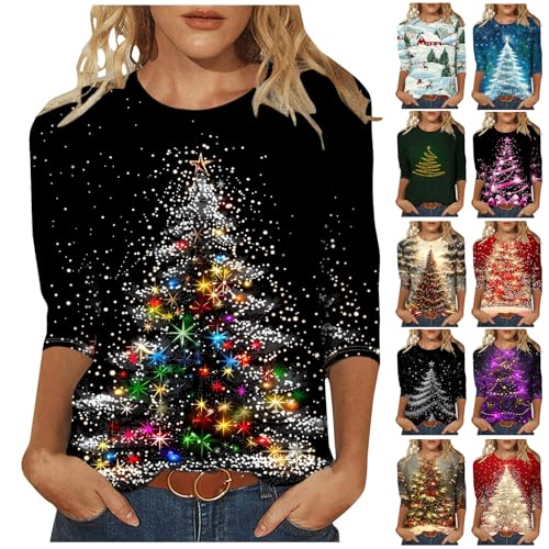 Shirt Damen 3/4 Arm Damen T-Shirt 3/4 Arm Oberteile Tops Bunte Blumenmuster Druck Tunika Shirt Lose Rundhals Sommershirts Mode Damenblusen Langarm Blumen Bluse Tshirt von CSHE