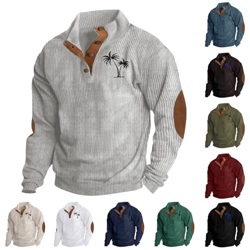 Sweatshirt Herren Lässig Schmale Passform Pullover Unifarbener Patchwork-Druck Crew Sweatshirt Langarm Cord Poloshirt Stehkragen Button Classic Pulli Top von CSHE
