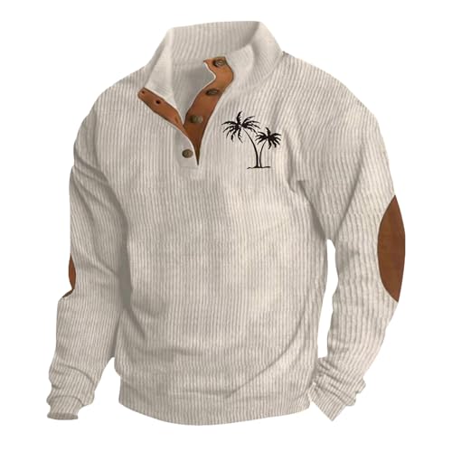 Sweatshirt Herren Ohne Kapuze Pullover Unifarbener Patchwork-Druck Langarm Cord Poloshirt Stehkragen Button Classic Pulli Top von CSHE