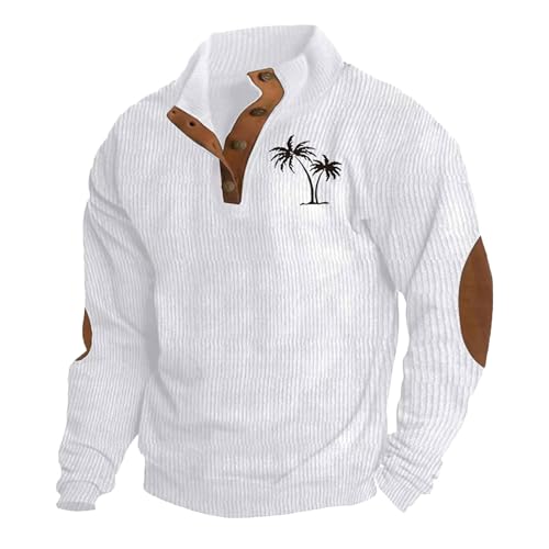 Sweatshirt Herren Ohne Kapuze Pullover Unifarbener Patchwork-Druck Langarm Cord Poloshirt Stehkragen Button Classic Pulli Top von CSHE